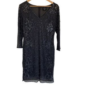Pisarro Nights Womens Beaded V‎ Neck Dress Grey Size 12 Cocktail Party Evening